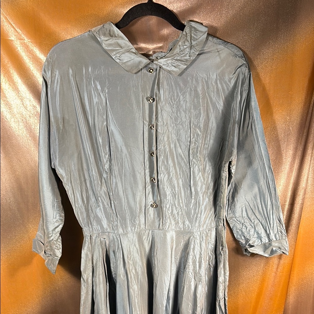 Vintage blue Gray iridescent ribbed‎ satin 50’s Dress recommend dry cleaning F1
